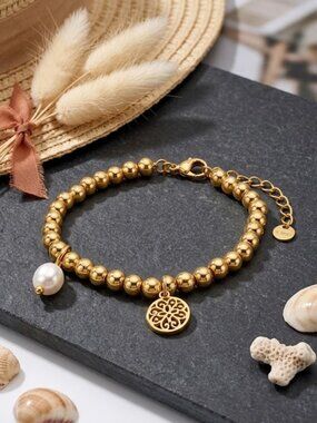 18K Gold Plated Steel Beaded Bracelet Mandala Freshwater Pearl Charm Clean Girl